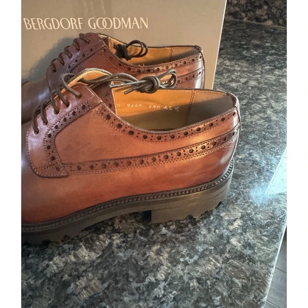 Bergdorf Goodman Venezia Red Brown Leather Brogue Cap Toe Lug Sole Shoes 43 10